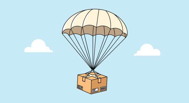 Cardboard box package flying down with a large beige parachute in a clear blue sky with fluffy white cartoon clouds.