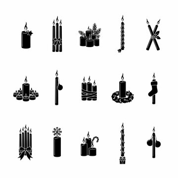 Black and white christmas candle icons with decorations with each unique decorations candy cane snowflake ornament holiday flame holly with gift