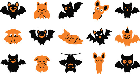 Fototapeta premium Set of cute hand drawn halloween bat stickers in black and orange colors for festive holiday party decoration