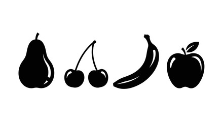 Black silhouettes of various fruits on white background with silhouettes pear cherries cherries banana illustration graphic healthy cherry with simple © Kamola