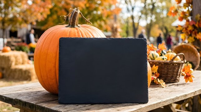 Large orange pumpkin with black slate sign on wooden table in autumn