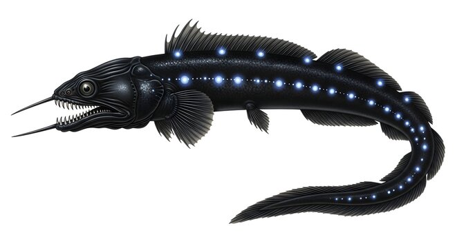 Deep-sea viperfish with bioluminescent dots on its body during a dark underwater exploration