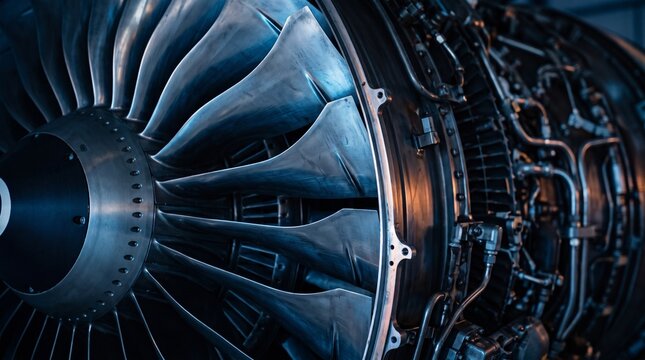 Aircraft jet engine turbine close-up. Detailed view of modern aviation propulsion system.