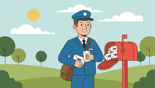 Friendly postman in blue uniform putting many envelopes with red hearts into red metal mailbox outdoors on sunny day.