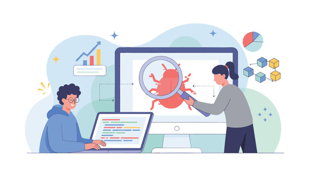 Software developers testing and debugging program code with magnifying glass while examining red bug on computer screen.