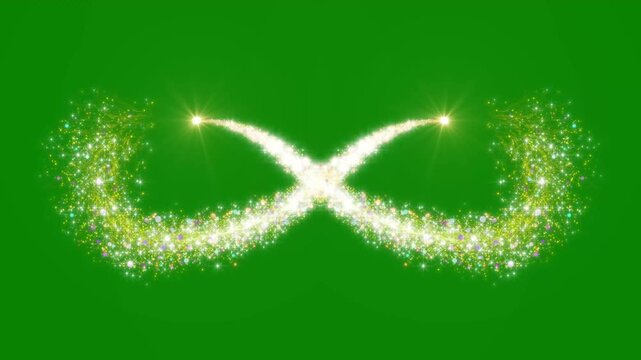 Golden sparkling particle trails forming elegant dual crescent infinity loops with bright lens flares on green background animation
