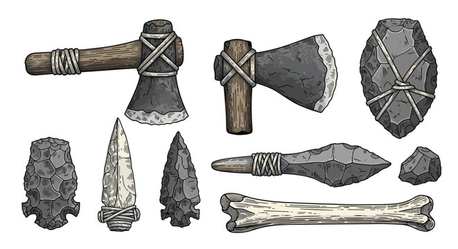 Detailed hand drawn collection of prehistoric stone tools, weapons, arrowheads, axes, and a bone from the stone age.
