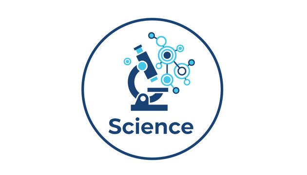 Scientific logo design with dark blue microscope and light blue molecular structure inside a circle on white background.