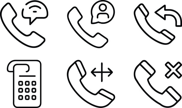 Telephone communication and call center service icons set featuring handset with message bubble user profile callback request and missed call sign.