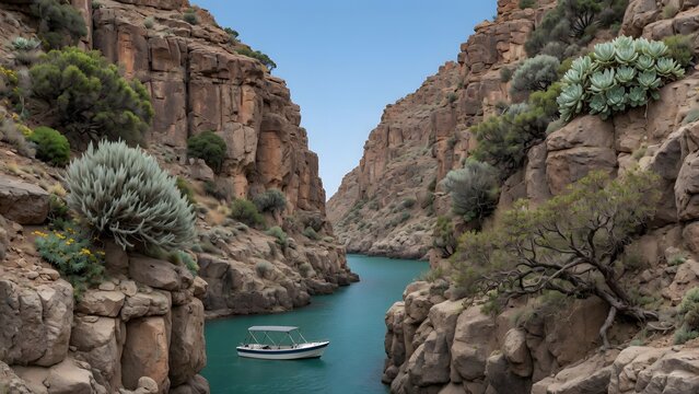 a boat floating on turquoise water between lush canyon cliffs under a clear blue sky, isolated vegetation clusters representing species adapted specifically to the canyon&rsquo;s distinctive geology and cli