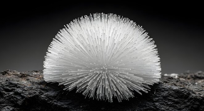 Delicate white crystal formation on dark rock surface with dramatic studio lighting and shallow depth of field