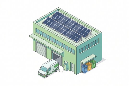  Isometric eco warehouse with rooftop solar, electric delivery van and recycling station, flat vector illustration