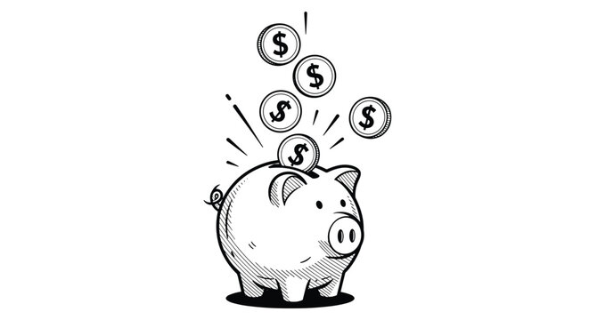 Monochrome hand drawn sketch of a classic piggy bank with dollar coins falling inside representing savings.