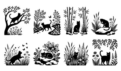 Obraz premium Black Cat Silhouette Collection in Nature with Trees Flowers Butterflies and Grass Vector Illustration
