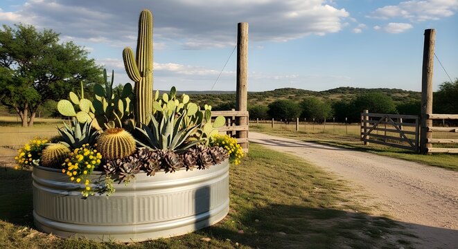 Desert succulent garden in galvanized trough with ranch entrance during golden hour