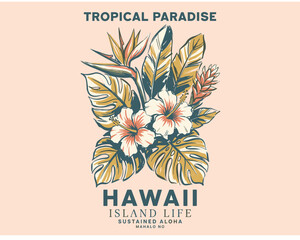 Tropical Paradise Hawaii. Island life design. Hibiscus flowers. Monstera leaves graphic print. © rahel lila