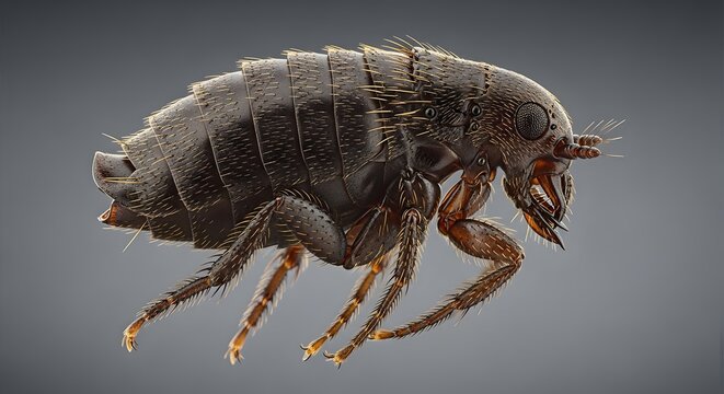 Detailed macro view of a flea insect with segmented body and legs against a smooth gray studio background