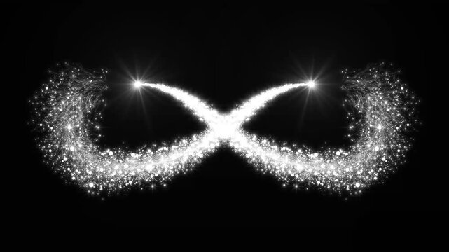White sparkling particle trails forming elegant dual crescent infinity loops with bright lens flares on black background animation