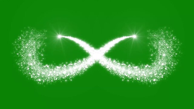 White sparkling particle trails forming elegant dual crescent infinity loops with bright lens flares on green background animation
