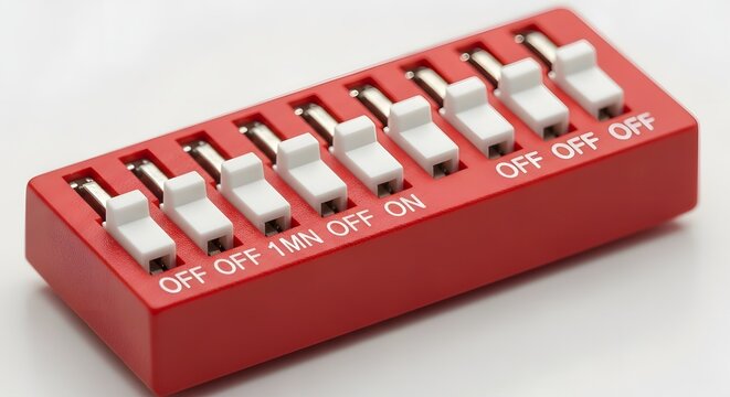 DIP Switch bank with eight toggles in off and on positions against a clean white background with selective focus