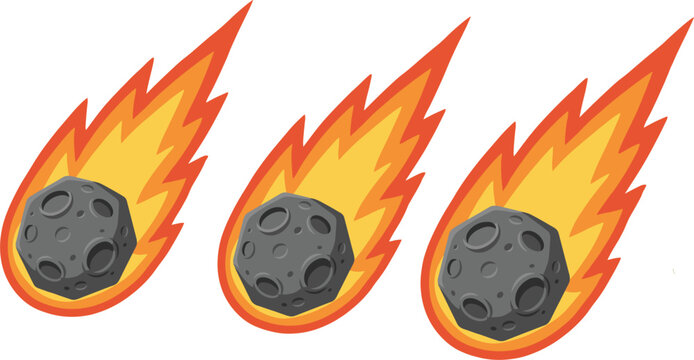 Falling meteorites vector set with orange fire tails, comet and asteroid shower icons