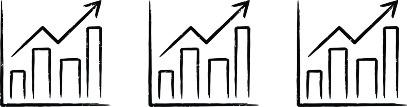 Three identical hand drawn sketches of rising bar charts showing business growth and financial success on white background