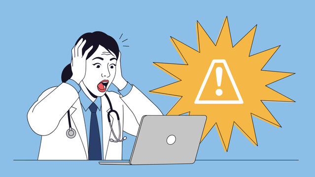 Shocked female doctor in white coat holding head and looking at laptop with large yellow warning alert symbol.