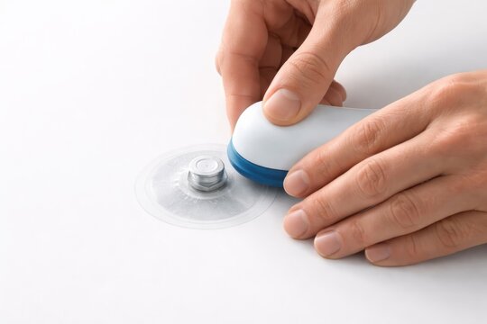 Close-up of human hands holding a medical reader device scanning a small wireless sensor patch on a flat surface