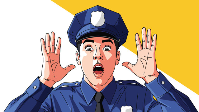 Surprised police officer in uniform looking at camera with open mouth and raised hands in pop art comic style.
