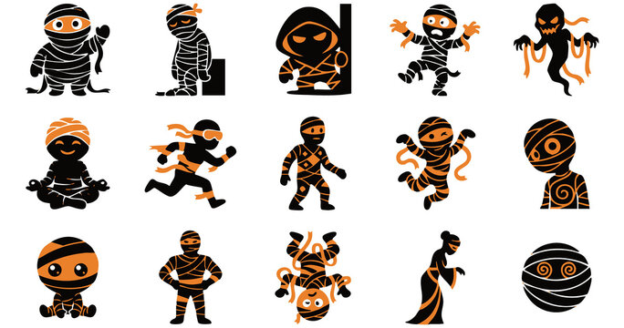 Set of cute cartoon halloween mummy characters in various poses for holiday stickers and spooky party decoration design elements