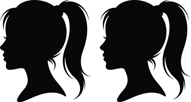 Woman profile vector silhouettes set, female head with ponytail hairstyle for beauty salon