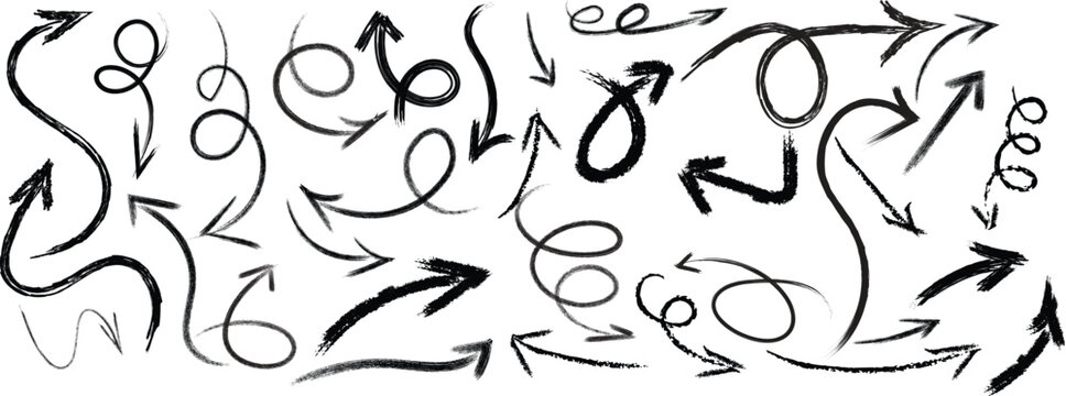Black ink brush stroke swirls and arrows, seamless pattern brush strokes