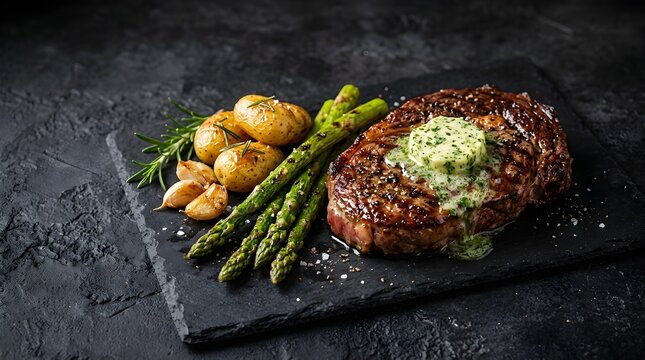 A perfectly grilled ribeye steak served with herb garlic butter, roasted potatoes, and asparagus on a slate.