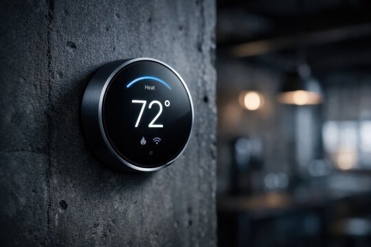 A smart thermostat device featuring a circular digital touchscreen display mounted on a textured concrete wall
