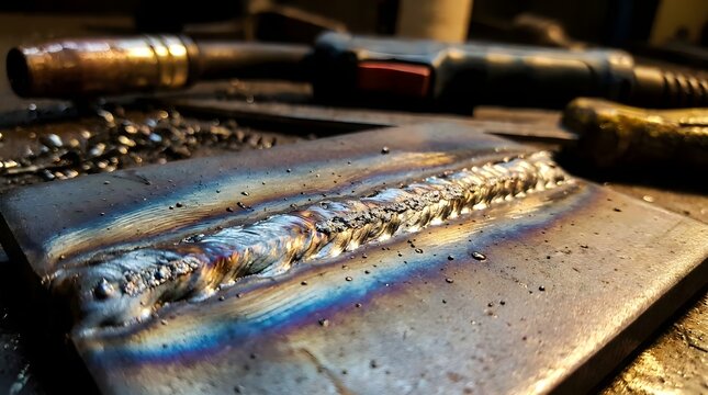 Close-up of molten metal welding bead with fusion lines. High-precision arc welding process creating strong industrial joints.