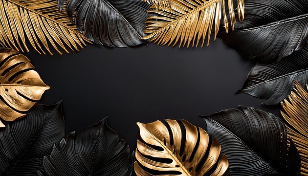 luxury floral background with golden and black palm monstera leaves frame on black background with empty space for text