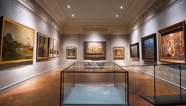 a museum gallery with a glass display case and paintings on the wall