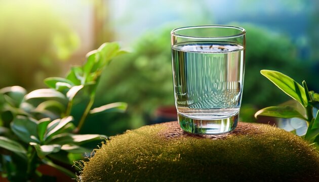 a glass of water sits on top of a potted plant