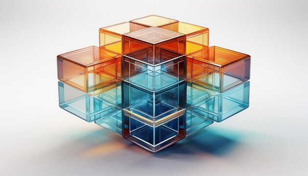 a cluster of transparent interlocking cubes abstract shape 3d render style isolated on a white background generative ai
