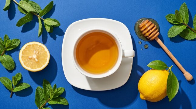 White ceramic cup filled with hot herbal tea surrounded by fresh green mint leaves a sliced lemon a whole lemon and honey on blue surface