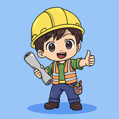 Cheerful cartoon construction worker boy holding blueprint giving thumbs up wearing safety gear