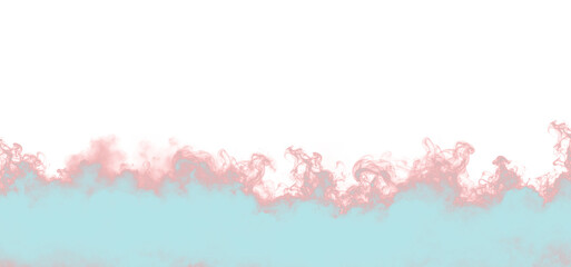 Fototapeta premium Soft pastel pink and cyan swirling smoke clouds forming a decorative border element displayed on a plain white on transparent background