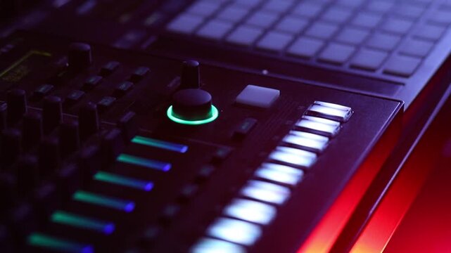 Music production controller with glowing LED controls in dark studio, cinematic close up camera slide, selective focus, concert lighting, copy space