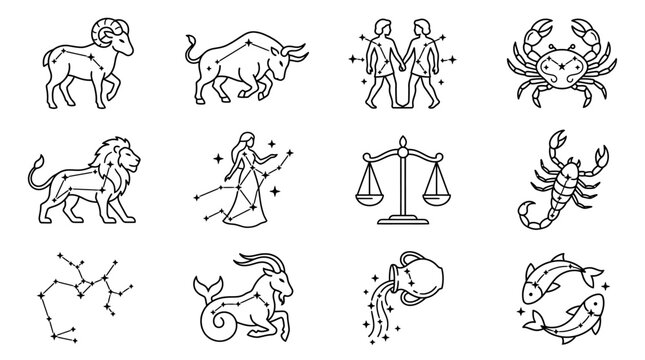 Zodiac Signs Astrology Icons Set - Horoscope Symbols Vector