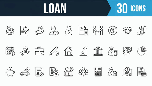 Finance loan and money banking services set of thirty vector icons with mortgage