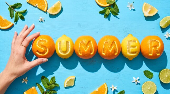 Fresh citrus fruits arranged in a line spelling out summer with carved letters on a vibrant blue wooden surface captured from a high angle flat lay