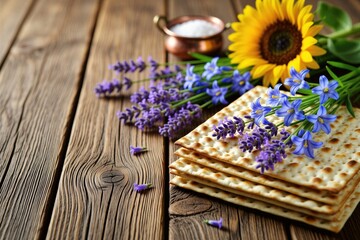 Fototapeta premium Stack of matza bread on wooden table with sunflowers, lavender flowers for Passover holiday. Jewish ritual food rests on rustic board with fresh spring blossoms. Traditional unleavened cracker snack