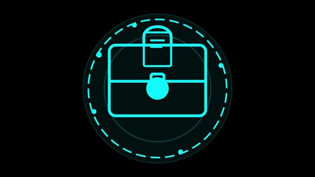 Glowing cyan digital briefcase icon representing professional tools and business data storage solutions for modern interface navigation on dark backgrounds