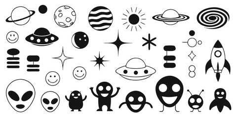Retro futuristic space stickers and cosmic doodles featuring aliens planets and flying saucers © Sadhin07