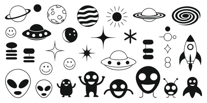 Retro futuristic space stickers and cosmic doodles featuring aliens planets and flying saucers